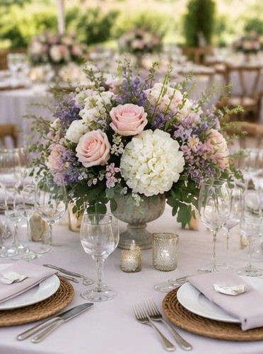 Floral guest table at a wedding venue