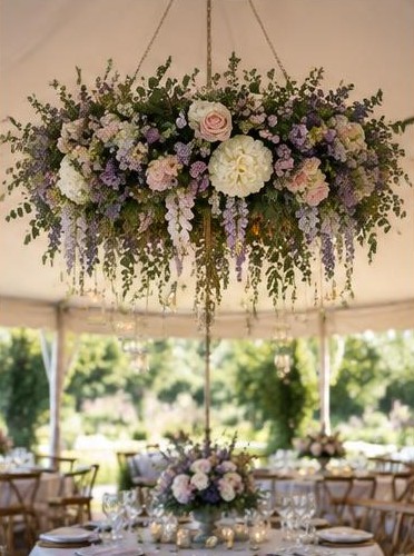 Flower chandeliers and hanging installations